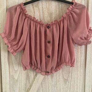 SHEIN Pink Puff Sleeve Ruffled Crop Blouse